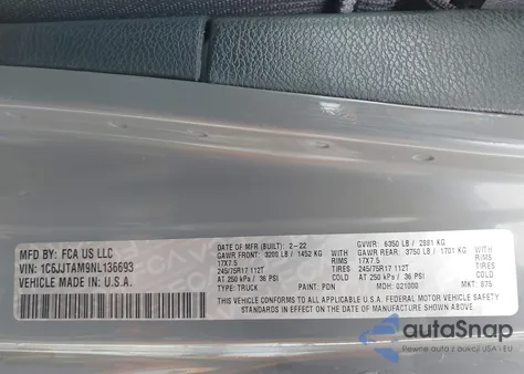 2022 Jeep Gladiator Sport S 4X4 из США, поврежденный, VIN 1C6JJTAM9NL136693